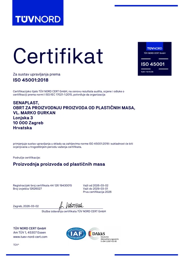 Prva stranica certifikata ISO 45001:2018 TÜV NORD